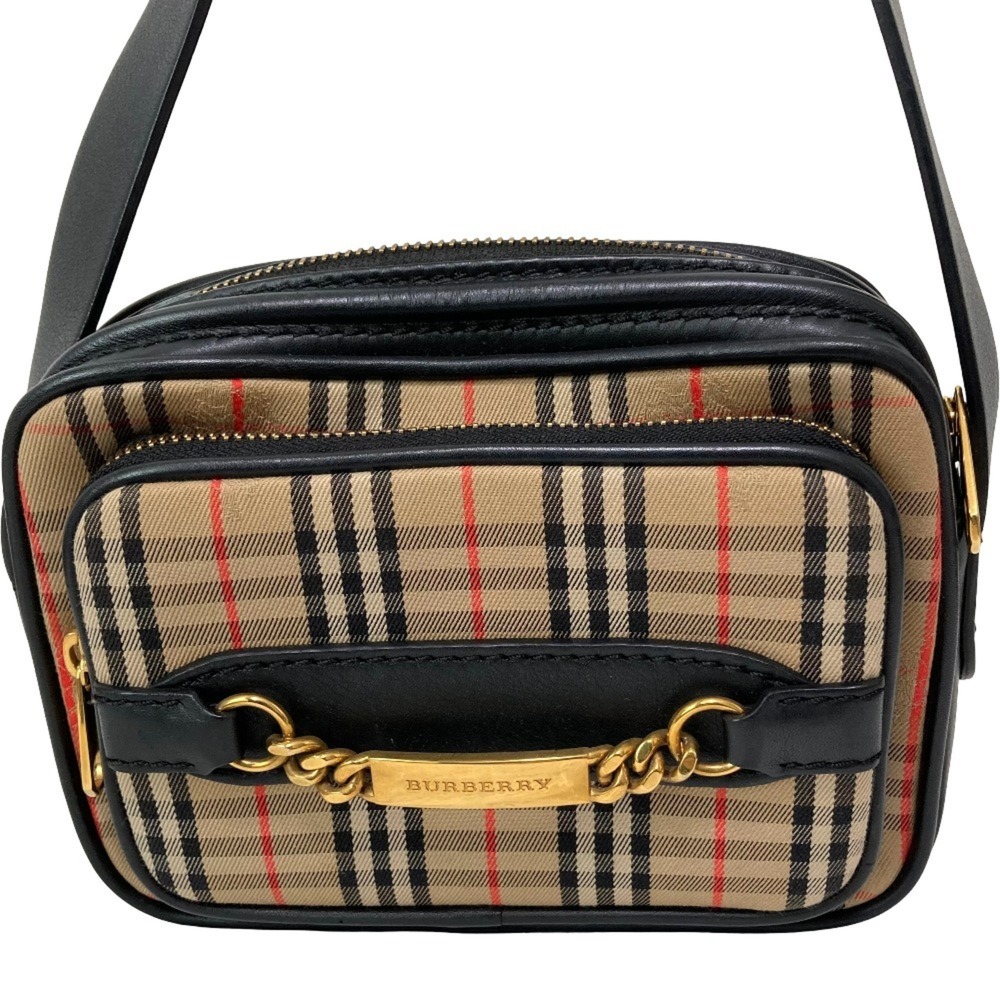 BURBERRY Cotton Canvas Leather Nova Check Chain Shoulder Bag, Beige, Women's